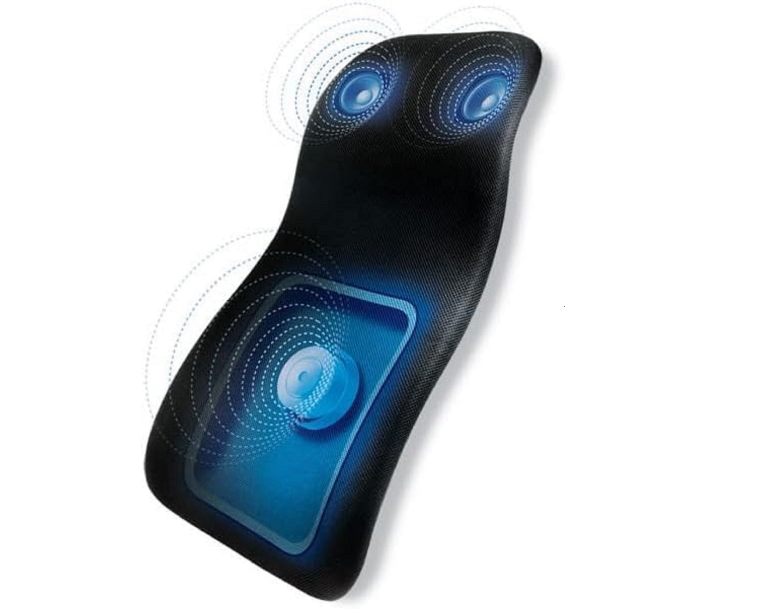 A black massage pillow with blue LED light indicators and concentric circle graphics showing vibration and massage patterns, set against a plain white background.