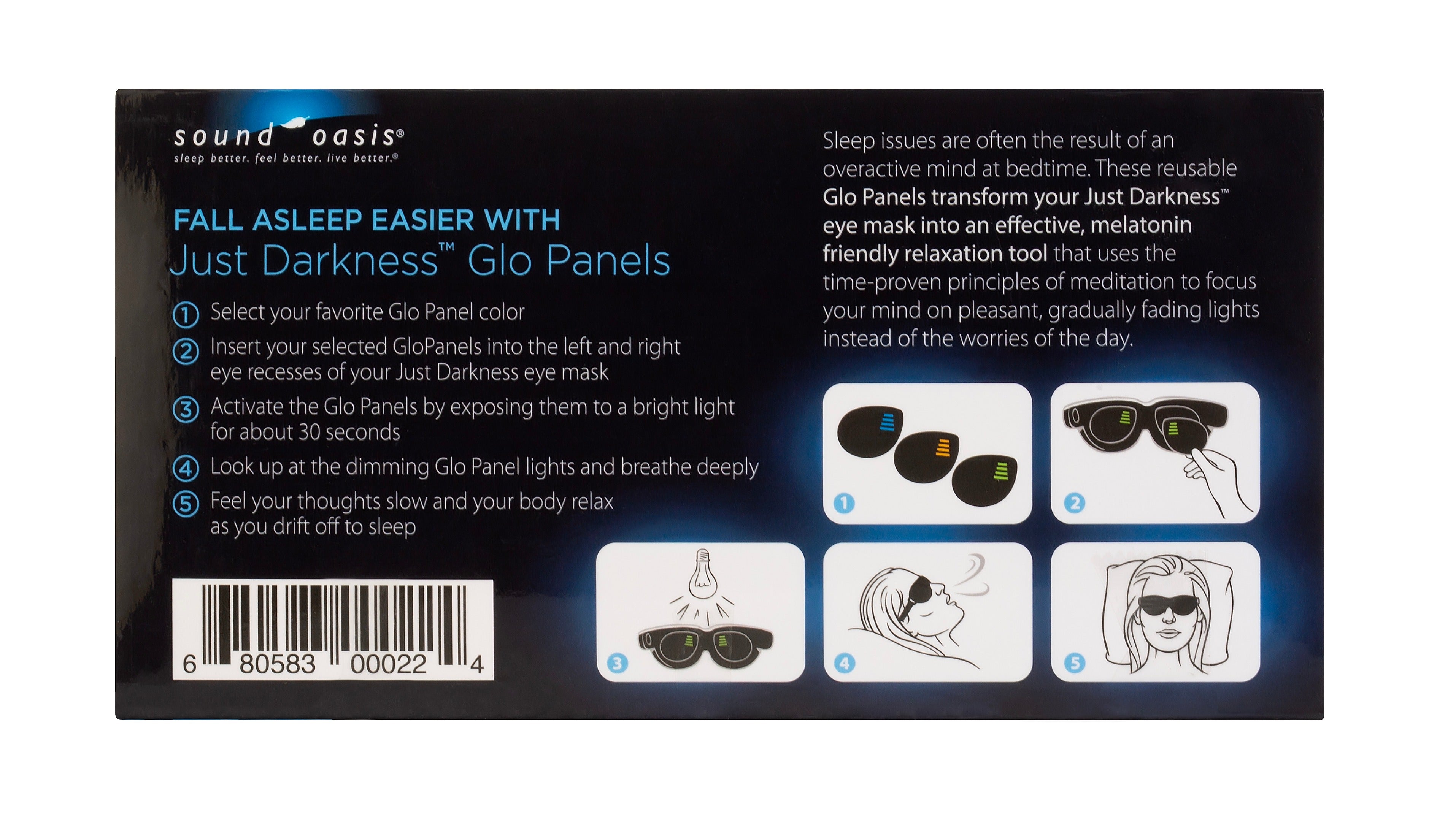 The back of a Sound Oasis Just Darkness Glo Panels box, showing product information, instructions, and a barcode on a black background.