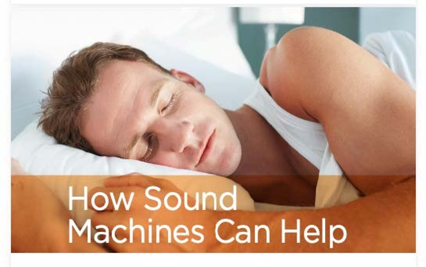A sleeping man lying in bed with his eyes closed, wearing a white tank top. A semi-transparent brown banner across the lower portion contains the white text 'How Sound Machines Can Help'.