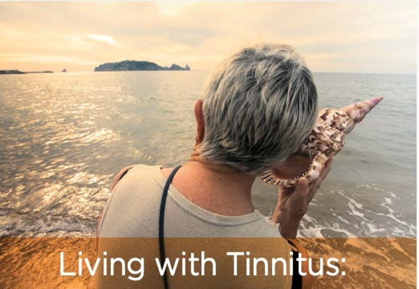 A person seen from behind at the beach, holding a large seashell to their ear as if listening to the ocean. The text overlay at the bottom reads 'Living with Tinnitus:'.