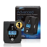 Sound Oasis Advanced Sleep Sound Therapy System shown with its retail box on a white background. The black electronic device with a blue digital display is in front of the dark blue and black packaging, with a gold 'Audience Choice Brand' badge overlaid on the left.