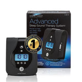 Sound Oasis Advanced Sleep Sound Therapy System shown with its retail box on a white background. The black electronic device with a blue digital display is in front of the dark blue and black packaging, with a gold 'Audience Choice Brand' badge overlaid on the left.