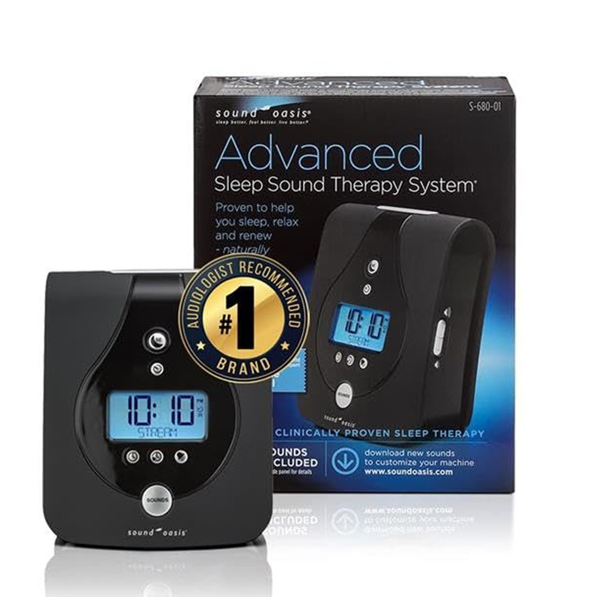 Sound Oasis Advanced Sleep Sound Therapy System shown with its retail box on a white background. The black electronic device with a blue digital display is in front of the dark blue and black packaging, with a gold 'Audience Choice Brand' badge overlaid on the left.