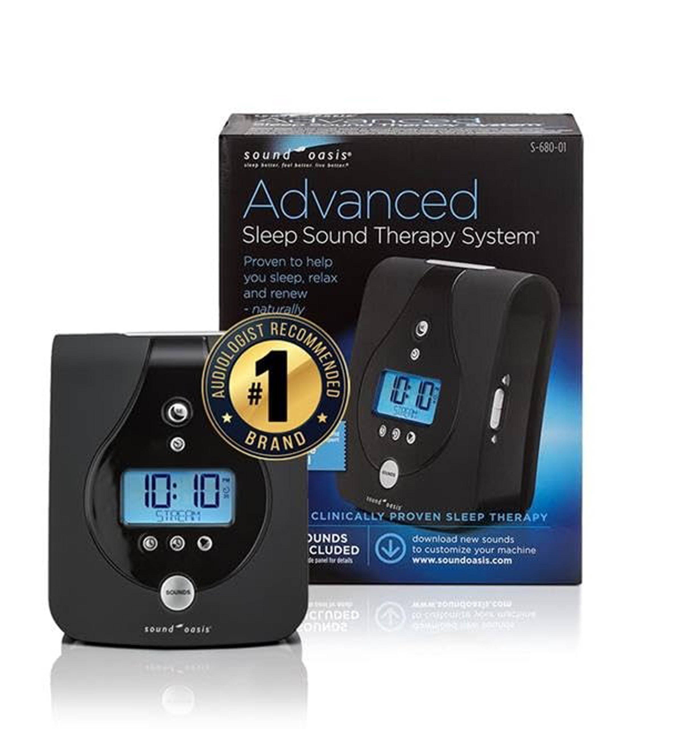 Sound Oasis Advanced Sleep Sound Therapy System shown with its retail box on a white background. The black electronic device with a blue digital display is in front of the dark blue and black packaging, with a gold 'Audience Choice Brand' badge overlaid on the left.