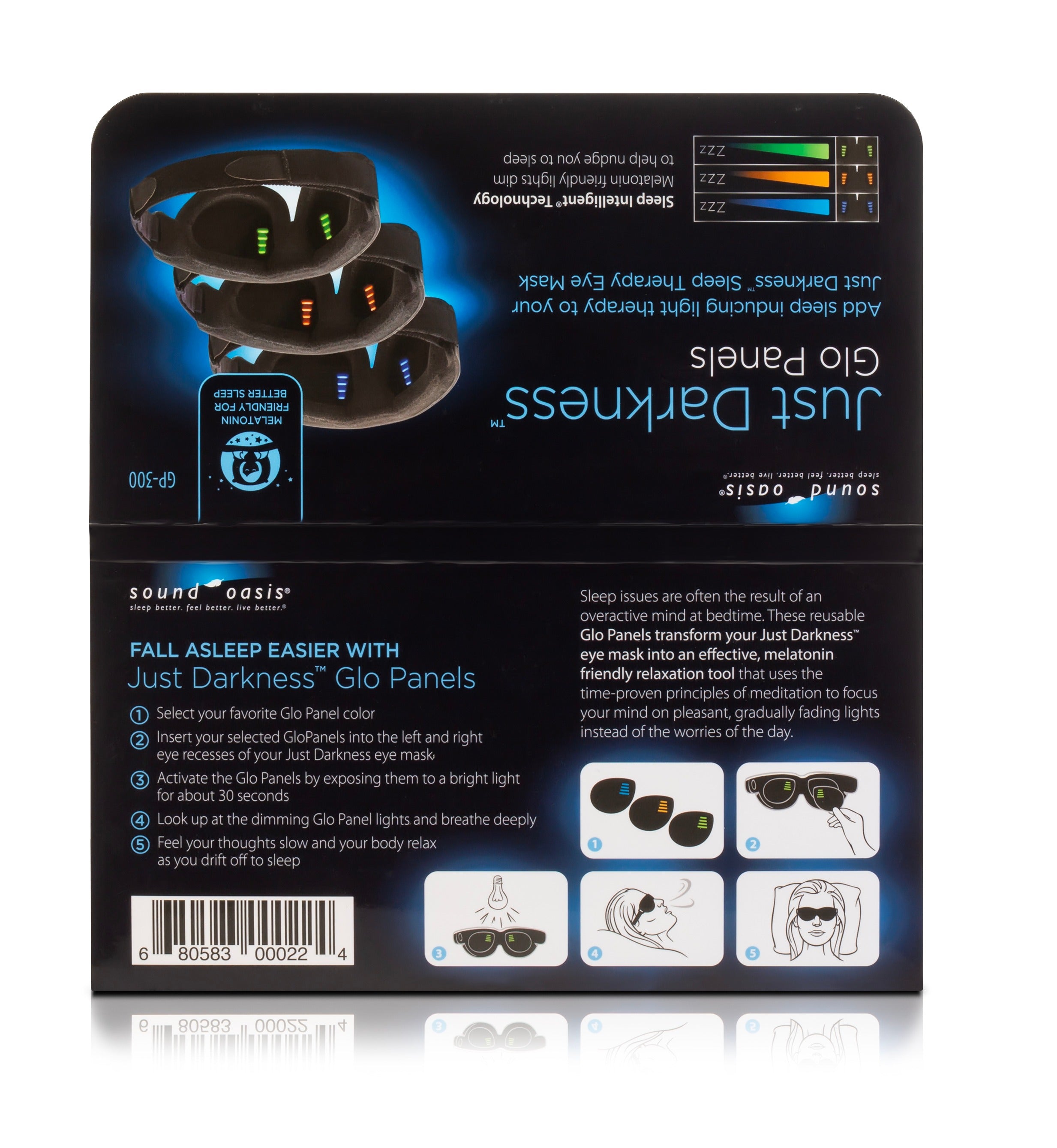 The retail packaging box for the Just Darkness Glo Panels by Sound Oasis, featuring a black background with blue and white text, product diagrams, and a barcode.