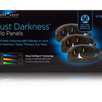 Sound Oasis Just Darkness Glo Panels GP-300 sleep therapy eye mask packaging box, featuring three black wearable panels with colored light therapy LEDs on a black background.