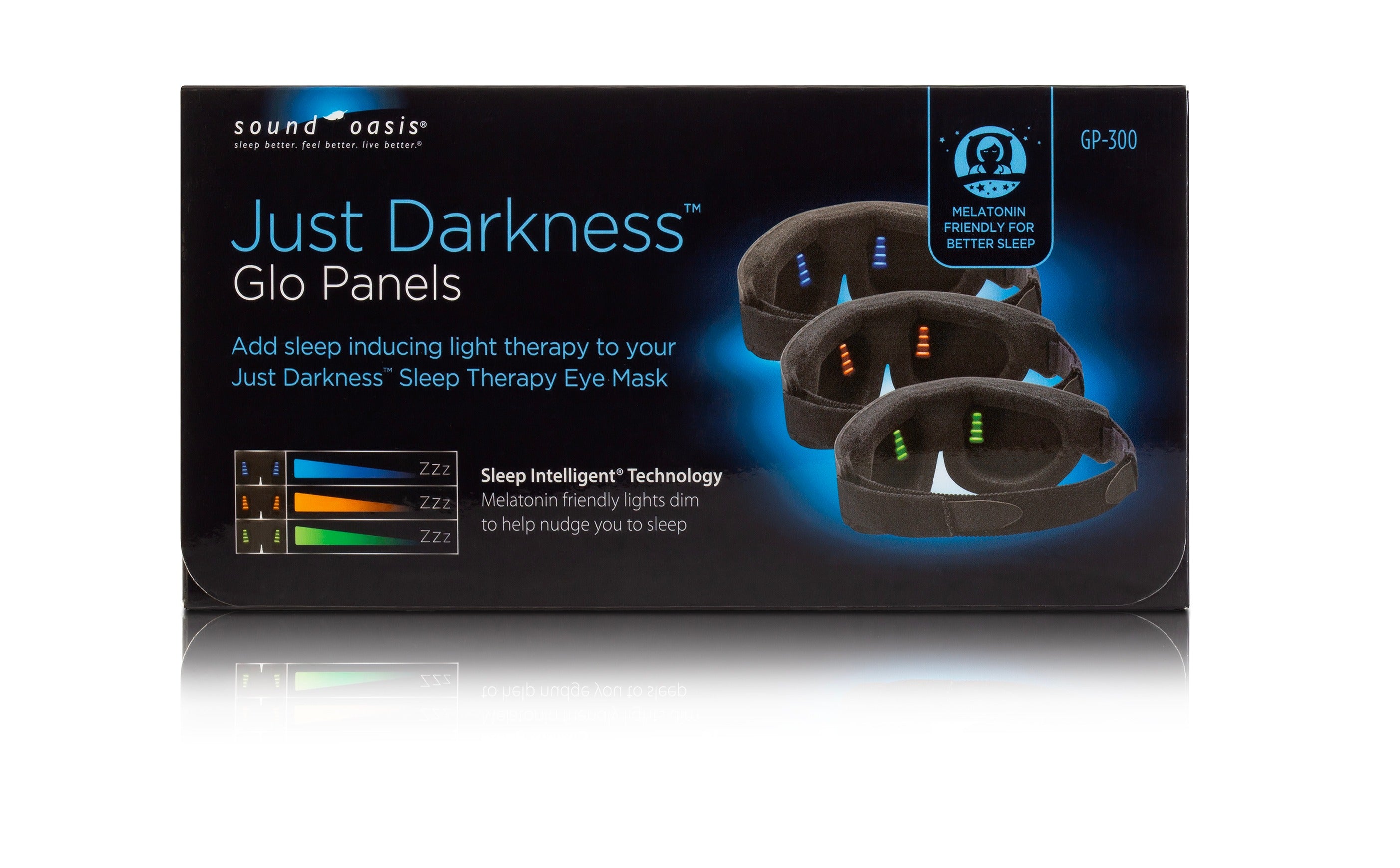 Sound Oasis Just Darkness Glo Panels GP-300 sleep therapy eye mask packaging box, featuring three black wearable panels with colored light therapy LEDs on a black background.