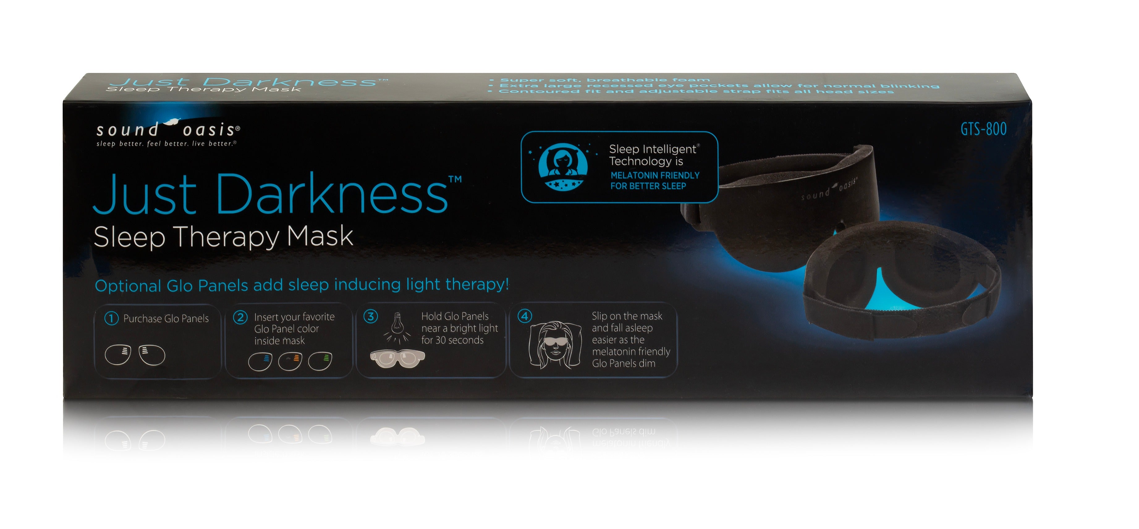 Sound Oasis Just Darkness Sleep Therapy Mask box, model GTS-800, featuring a black design with blue text and graphics showing the mask and its panels.