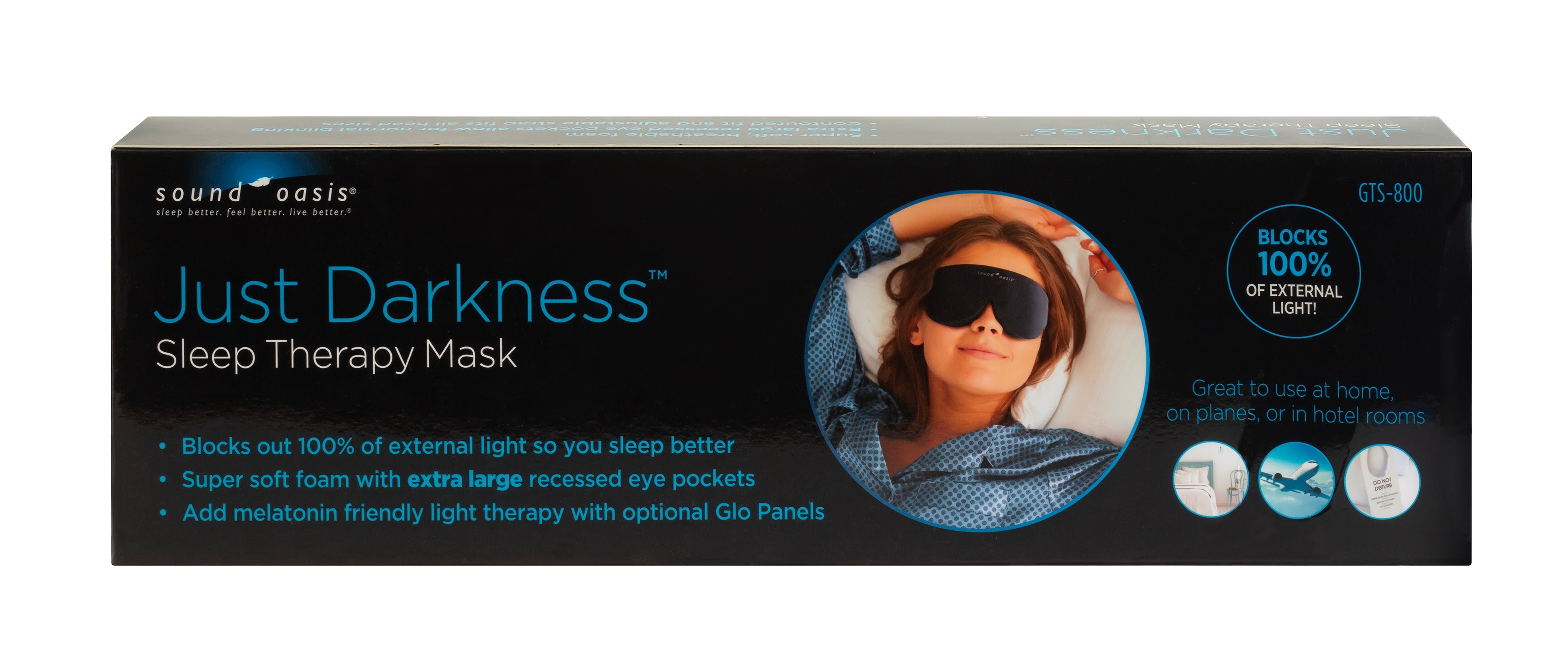 Sound Oasis Just Darkness Sleep Therapy Mask packaging box, black with blue and white text and a circular photo of a woman wearing the sleep mask.