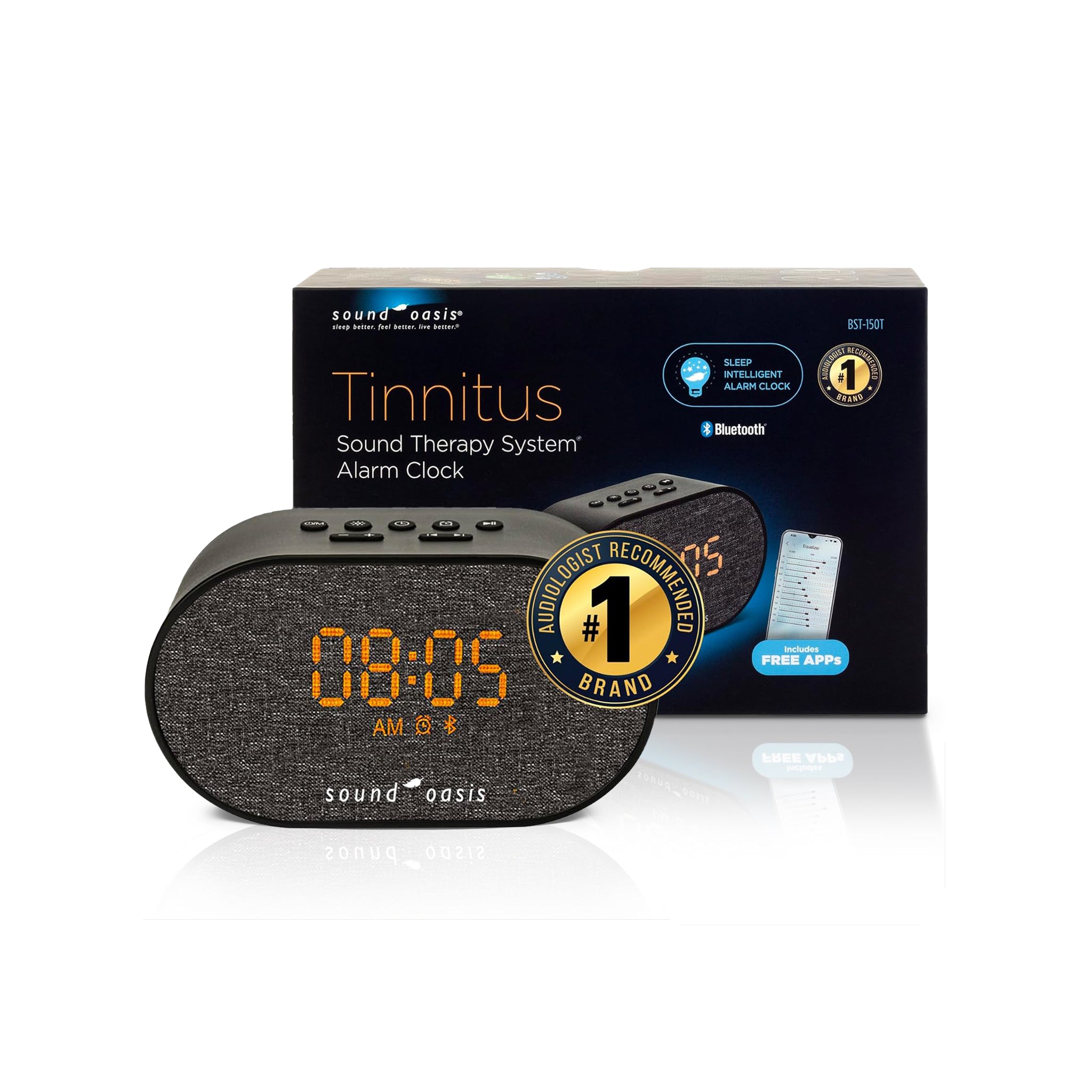 Sound Oasis Tinnitus Sound Therapy System Alarm Clock shown in front of its retail packaging box. The clock has a dark gray textured fabric face and glowing orange digital display showing '08:05'.